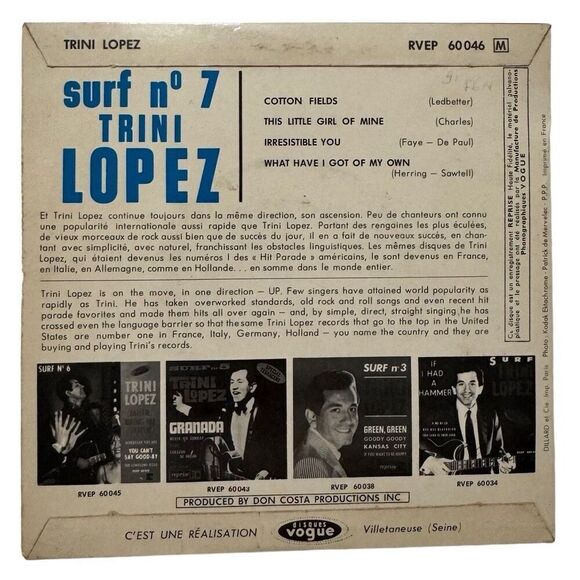 Trini Lopez Surf No. 7 Cotton Fields France Ep W/ Picture Sleeve RVEP 60046 - Picture 3 of 9